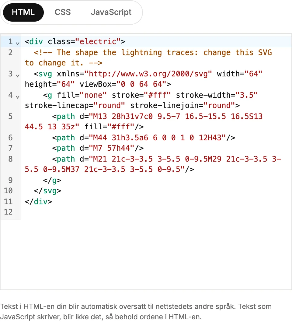 Kodepanelet med fanene HTML, CSS og JavaScript