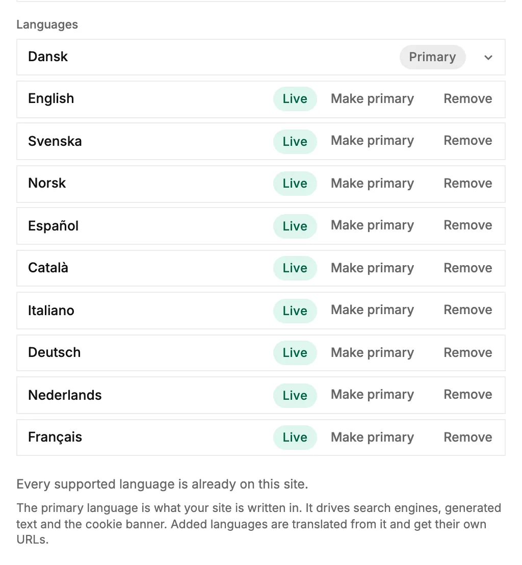 The Languages list in Branding, with the primary language at the top