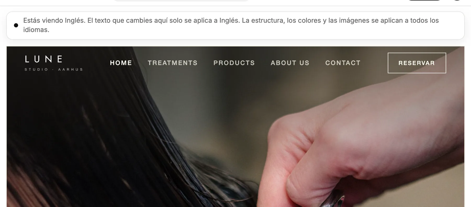 El editor mostrando el sitio en alemán, con una nota arriba indicándolo