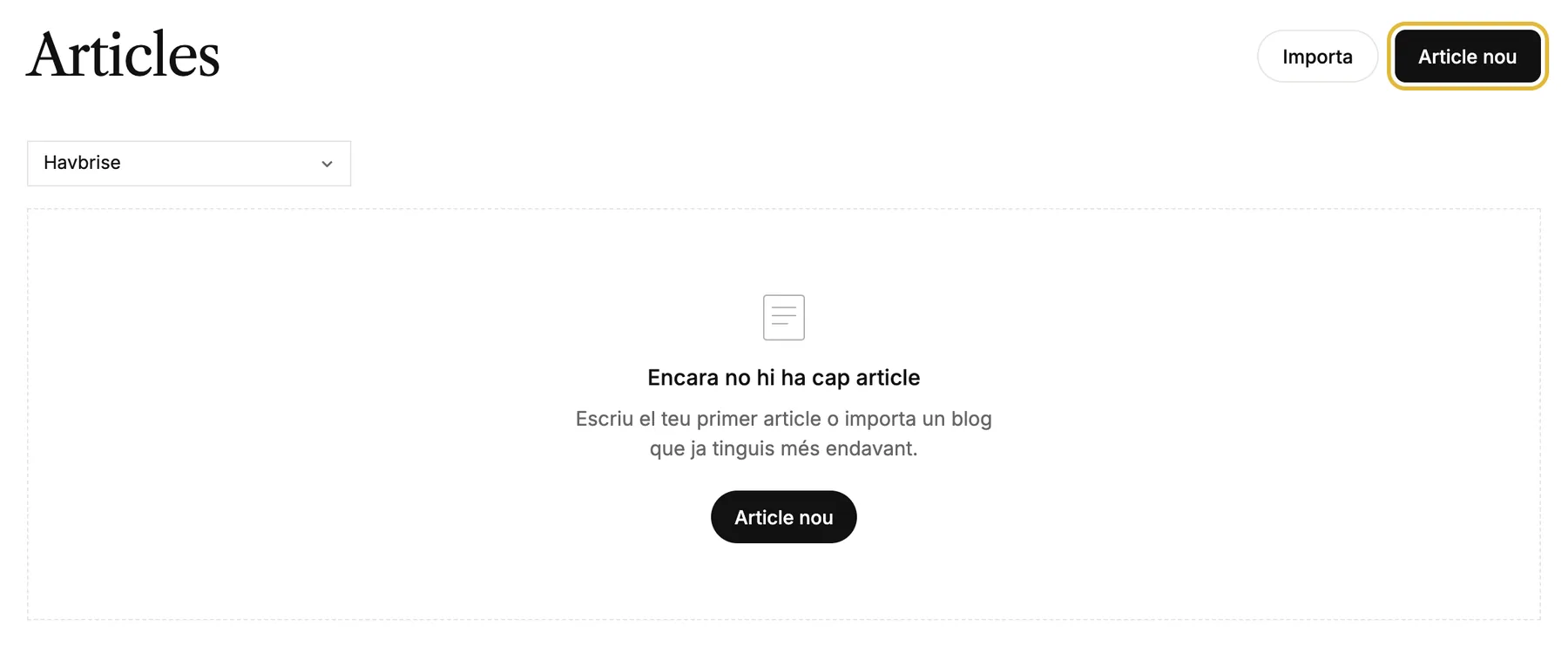 La pàgina d'articles amb el botó [New article]