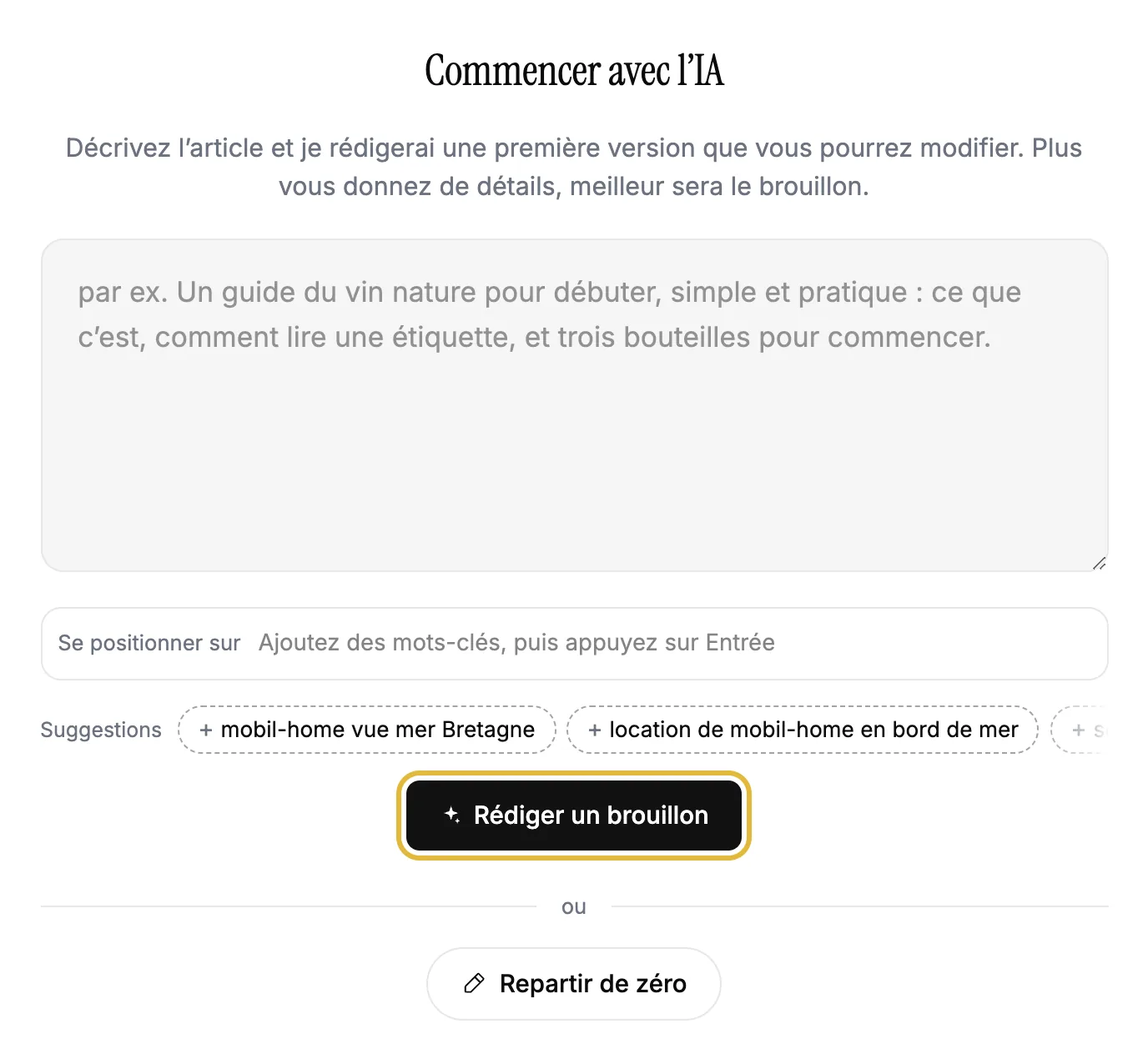 Premier écran d’un nouvel article, où l’IA rédige un brouillon à partir d’une description