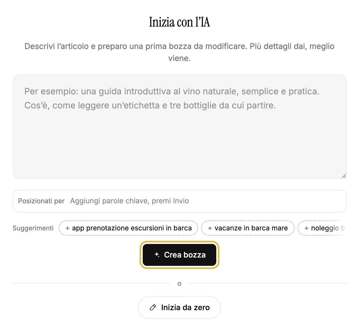 La prima schermata di un nuovo articolo, dove l'IA crea una bozza a partire da una descrizione